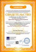Свидетельство о публикации на сайте Infourok,ru  Презентации "Достопримечательности города Купино"